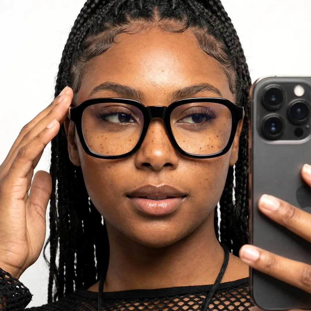 Front view of female wearing black square eyeglasses, taking a selfie, natural expression, SR0032508