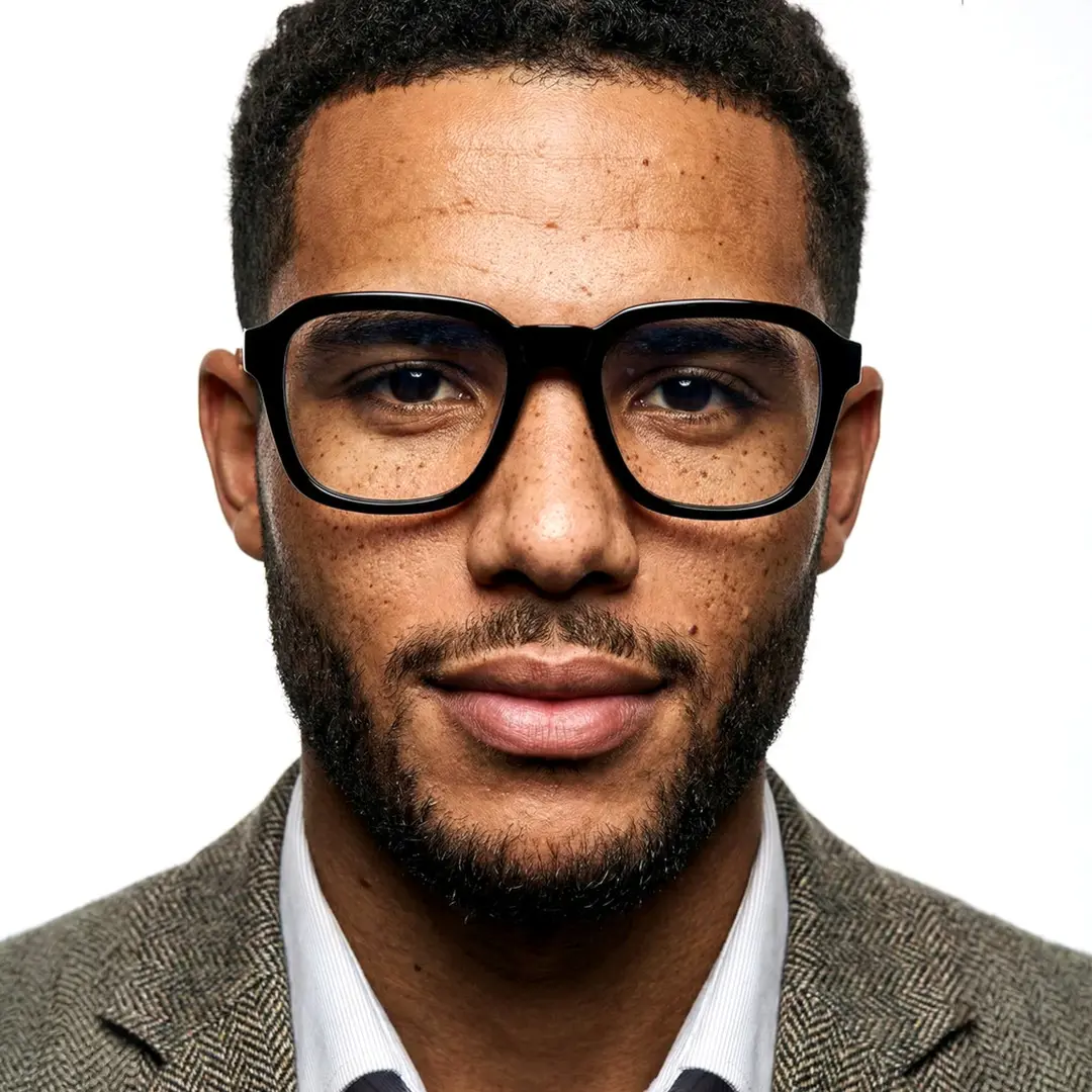 Looking straight ahead view of male wearing two tone square eyeglasses, neutral expression, SR0032508