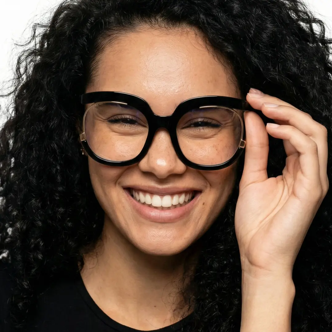 Front view of female wearing colorful black square eyeglasses, holding glasses, smiling, SR0042502