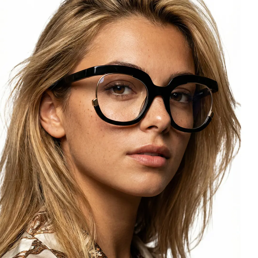 Over-the-shoulder view of female wearing colorful black square eyeglasses, neutral expression, SR0042502