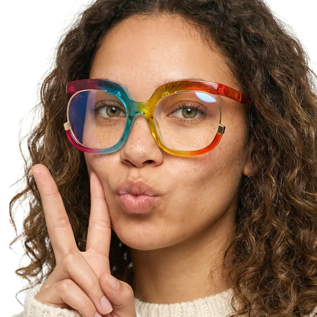 Profile view of female wearing colorful multicolor square eyeglasses, pouting, neutral expression, SR0042502