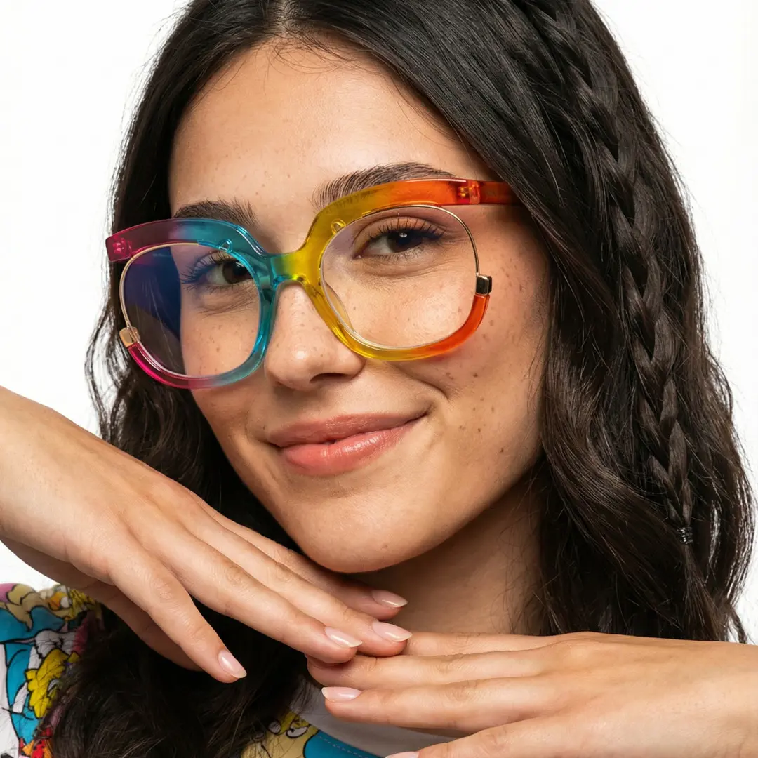 Slightly angled view of female wearing colorful multicolor square eyeglasses, resting chin on hand, natural smile, SR0042502
