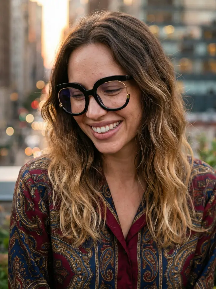 Female model wearing fashion black square pc eyeglasses on an urban rooftop. SPU: SR0042502.