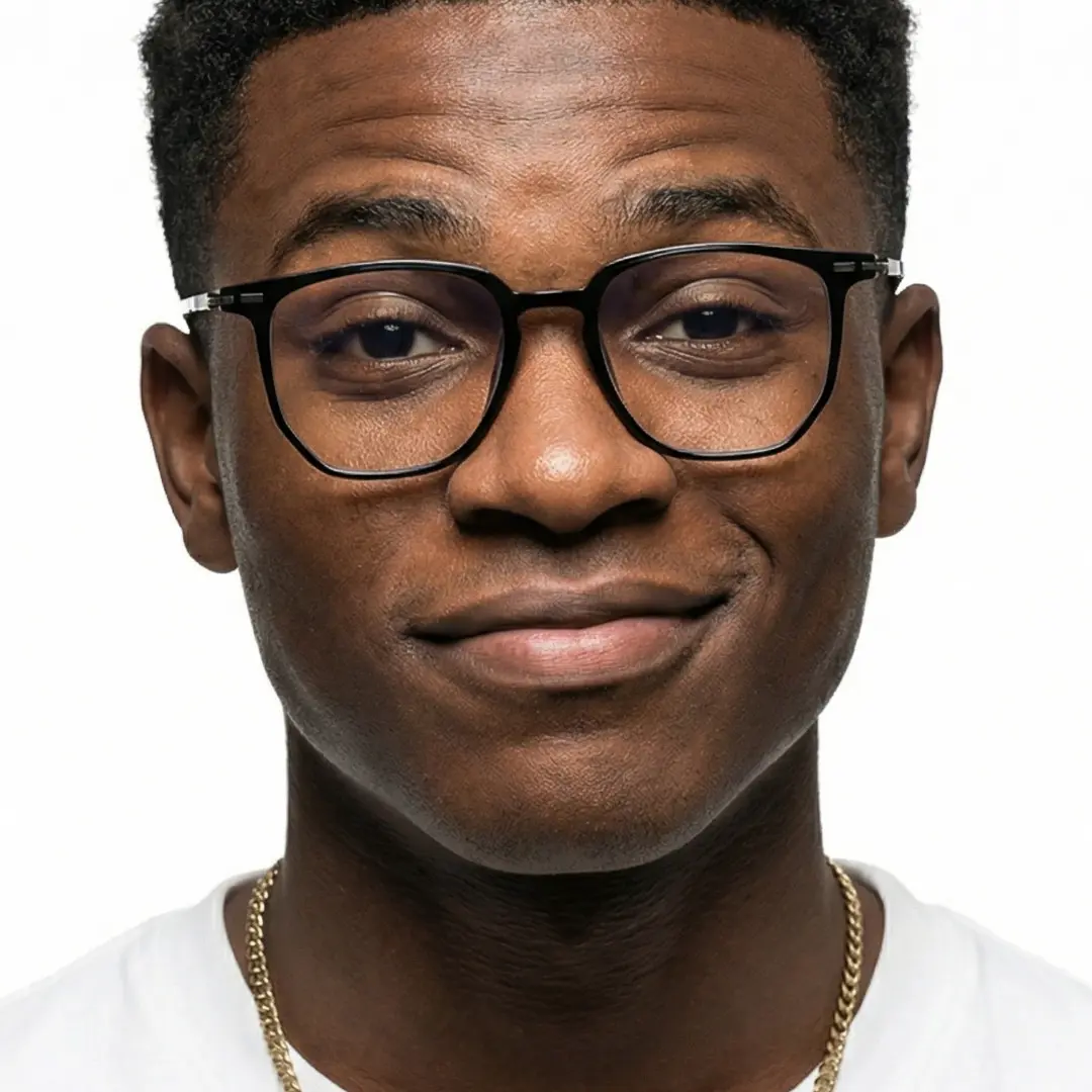 Front view of male wearing black square eyeglasses, natural expression, SR0042508