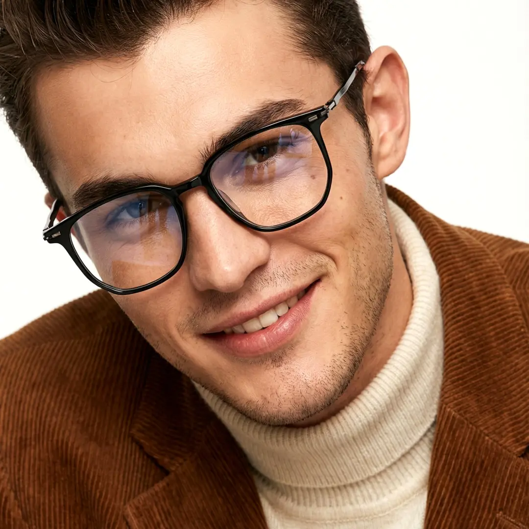 Tilted head view of male wearing black square eyeglasses, natural smile, SR0042508
