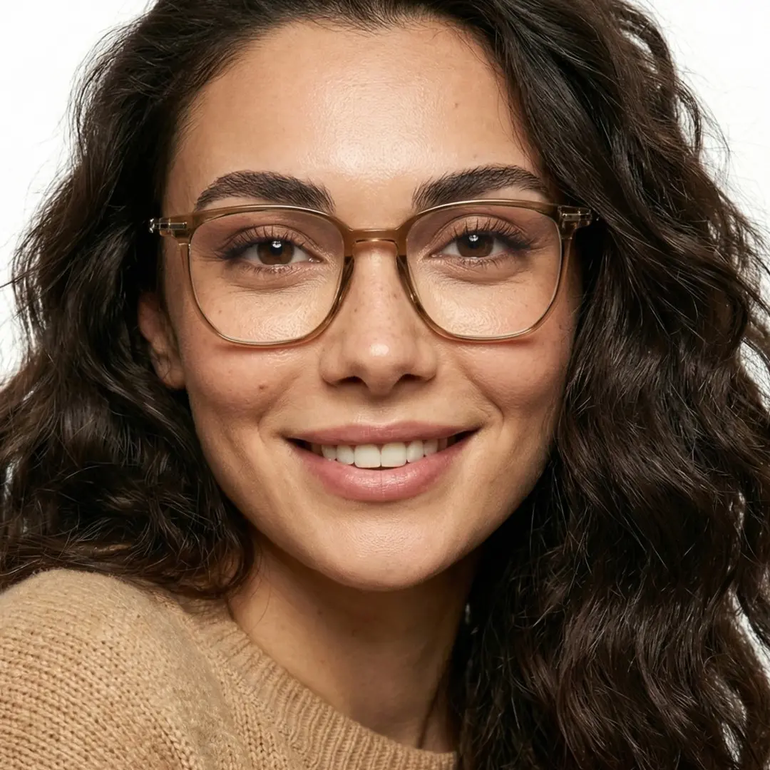 Front view of female wearing green square eyeglasses, natural smile, SR0042508