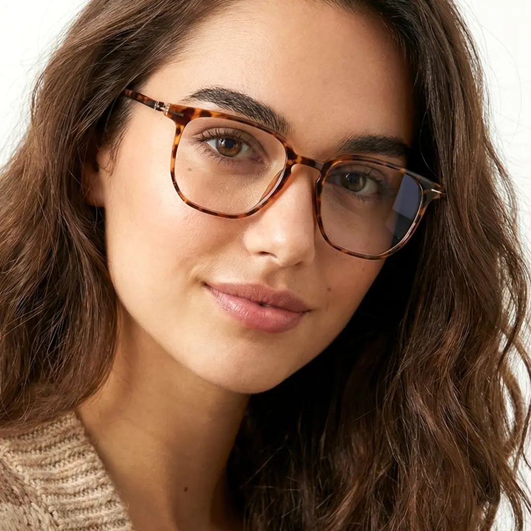 Slightly angled view of female wearing tortoise square eyeglasses, soft smile, SR0042508