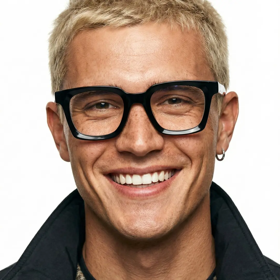 Front view of male wearing black square eyeglasses, smiling, SR0052507