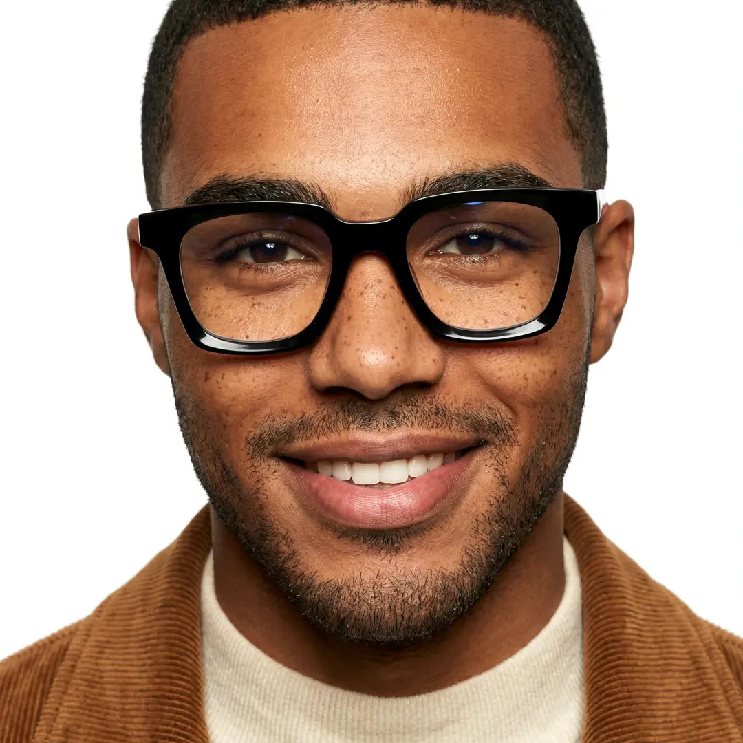 Straight-on view of male wearing black square eyeglasses, natural smile, SR0052507