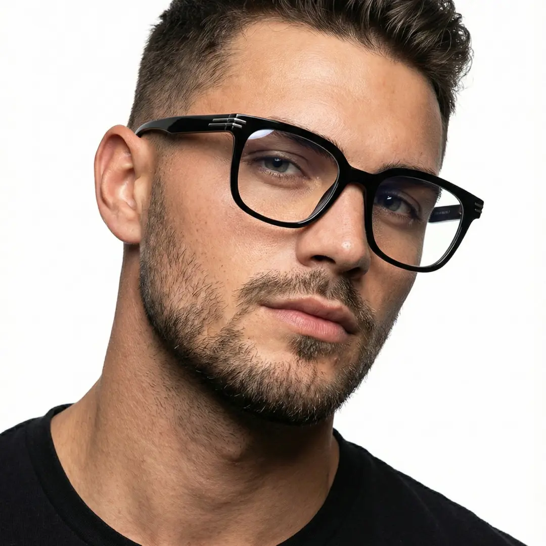 Tilted head view of male wearing black square eyeglasses, natural expression, SR0052508