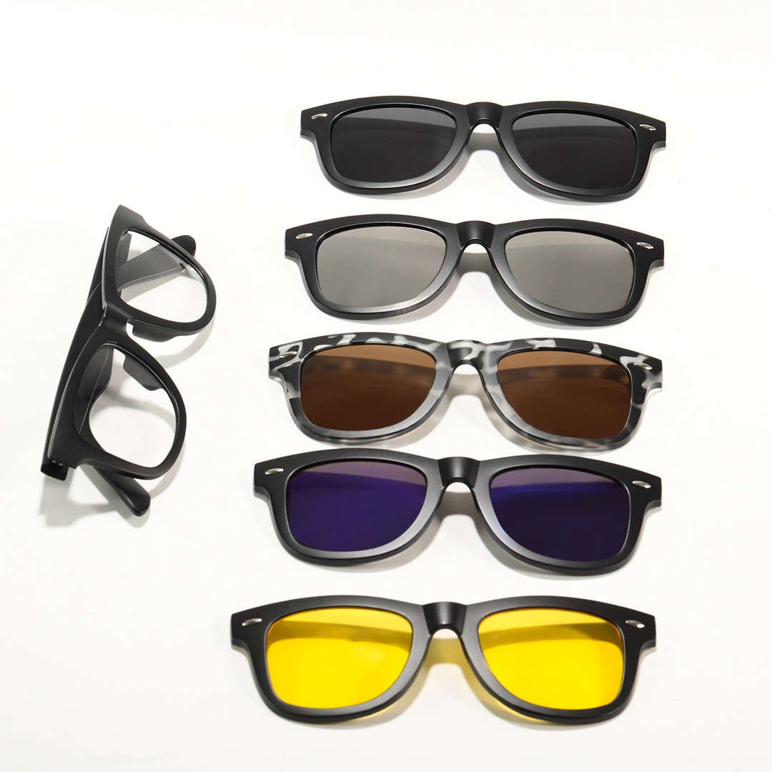 Flat lay view of Emrys square tr90 magnetic clip-on eyeglasses set with interchangeable clip-on lenses SR0052512 in black