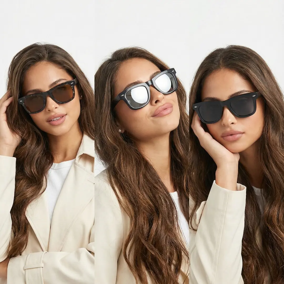 Tilted head view of group wearing black square magnetic clip-on eyeglasses set with interchangeable clip-on lenses in different colors, various expressions, SR0052512