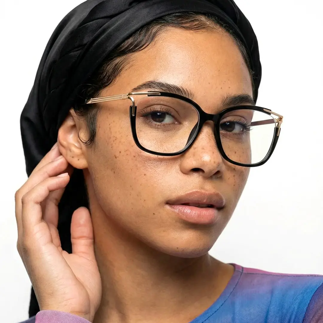 Three-quarter view of female wearing black square eyeglasses, neutral expression, SR0062501