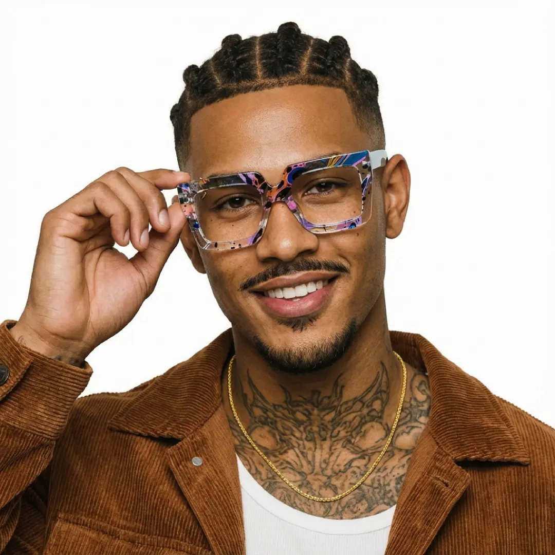 Front view of male wearing multicolor square eyeglasses, holding glasses, soft smile, SR0082509