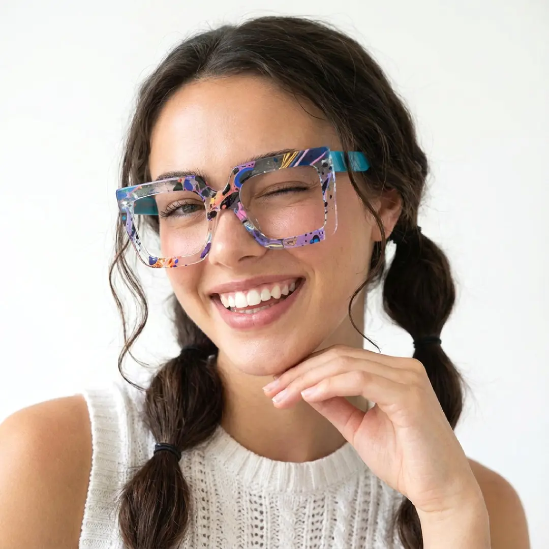 Profile view of female wearing multicolor square eyeglasses, resting chin on hand, smiling, SR0082509