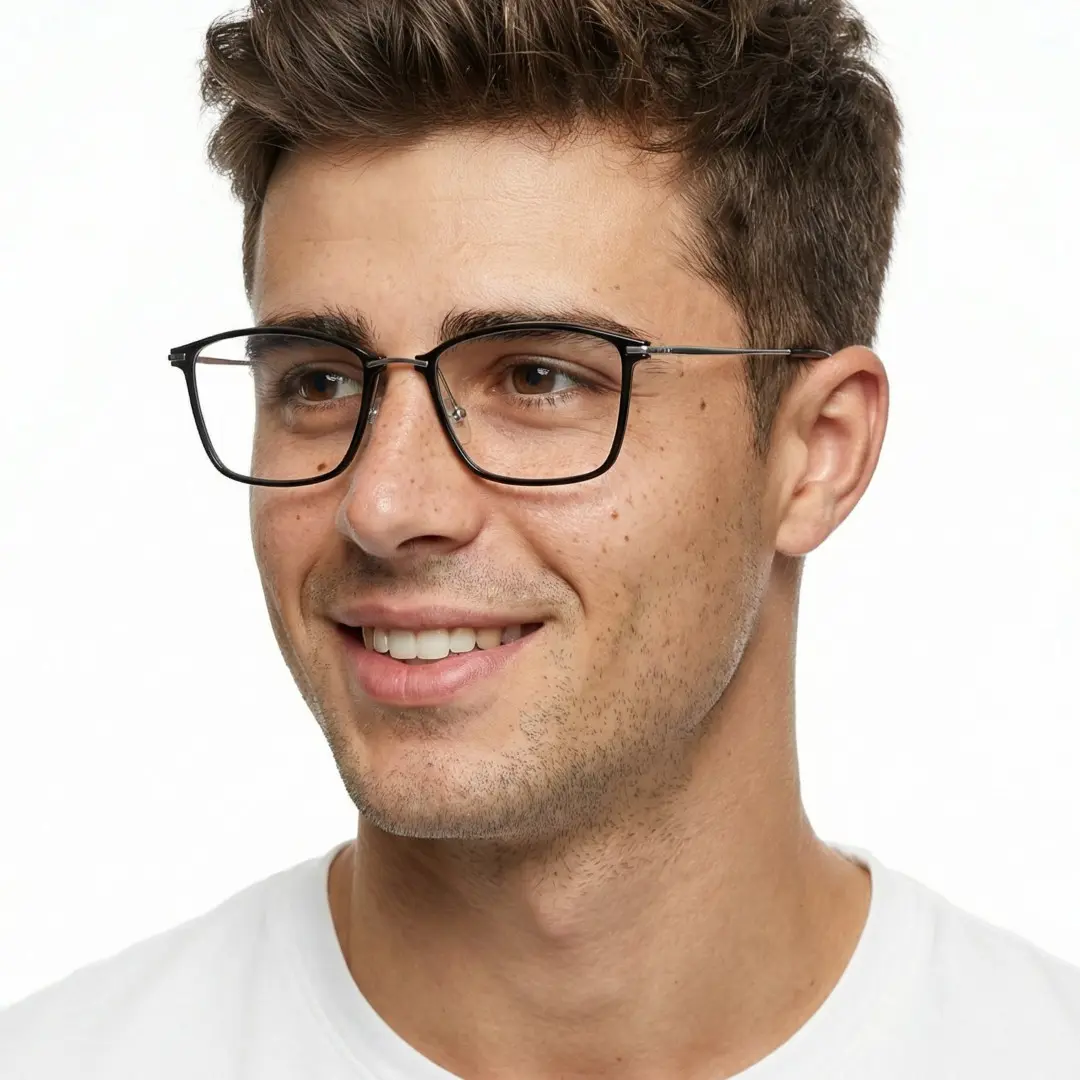 Looking away view of male wearing black square eyeglasses, natural smile, SR0092409