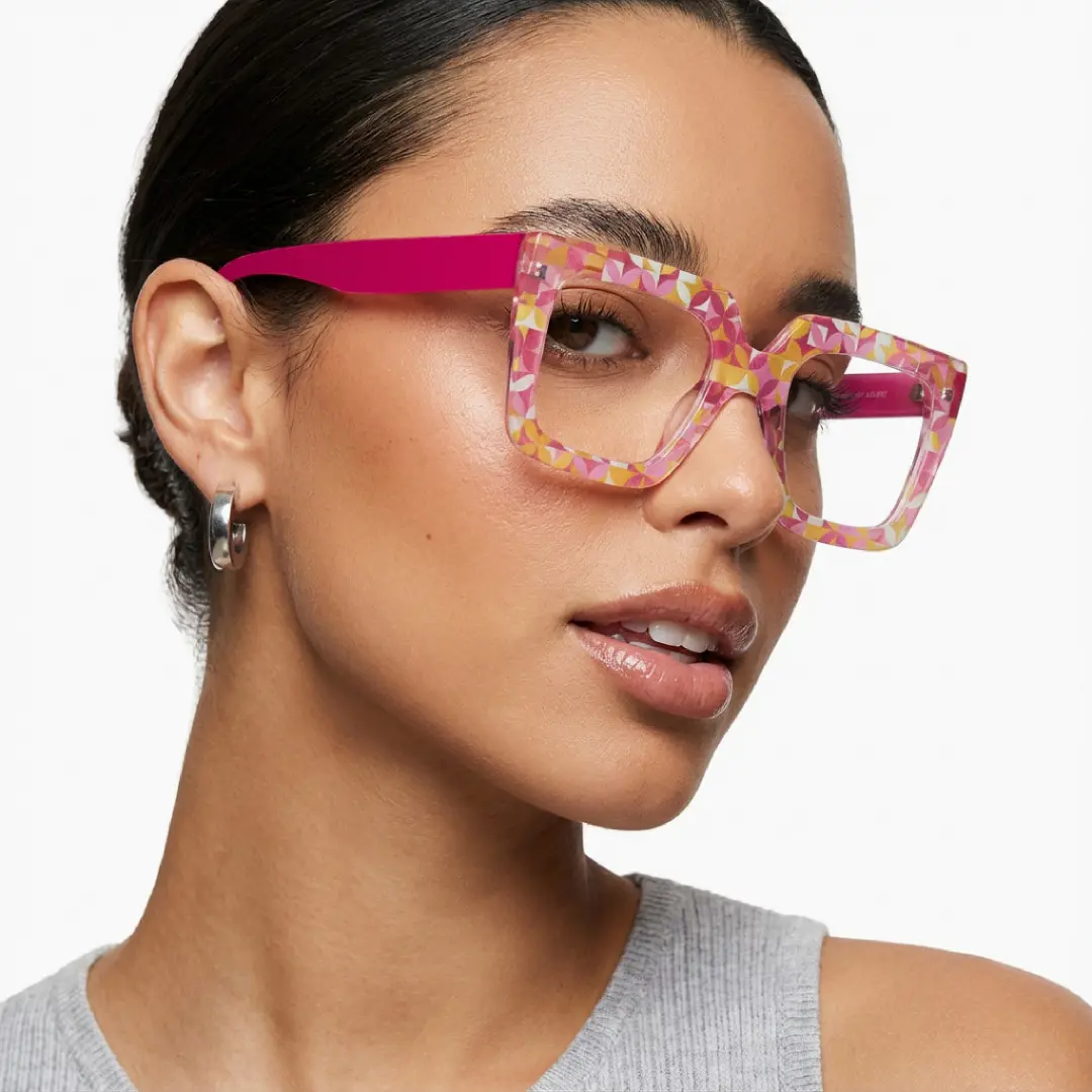 Face close-up view of female wearing two tone square eyeglasses, neutral expression, SR0092509