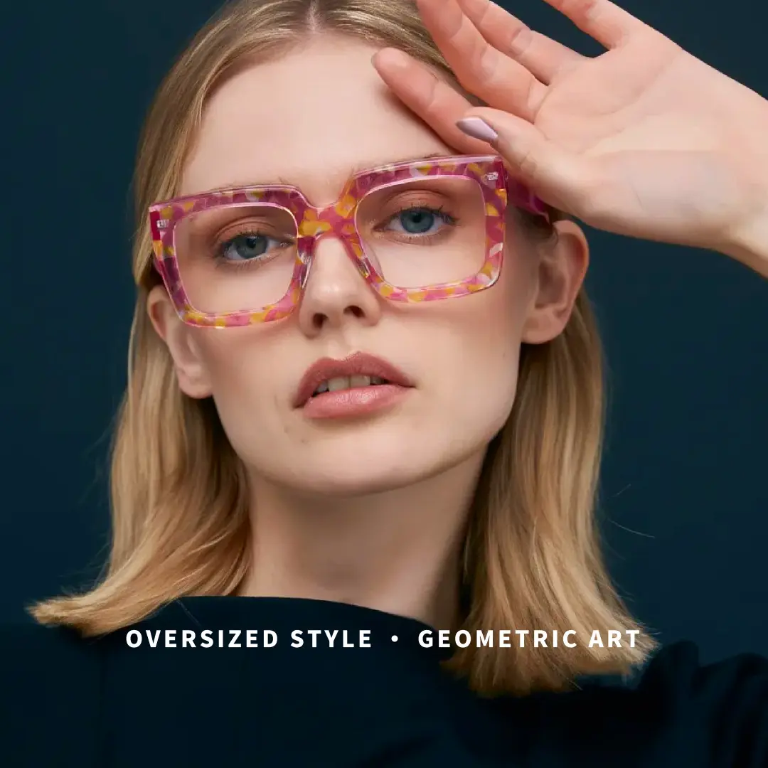 Front view of female wearing two tone square eyeglasses, hand resting on forehead, calm expression, SR0092509