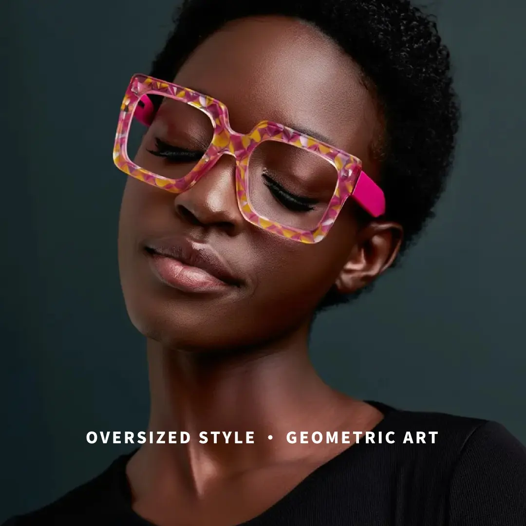 Slightly angled view of female wearing two tone square eyeglasses, relaxed expression, SR0092509