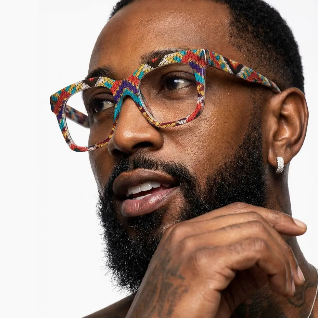 Looking away view of male wearing multicolor square eyeglasses, confident expression, SR0102509