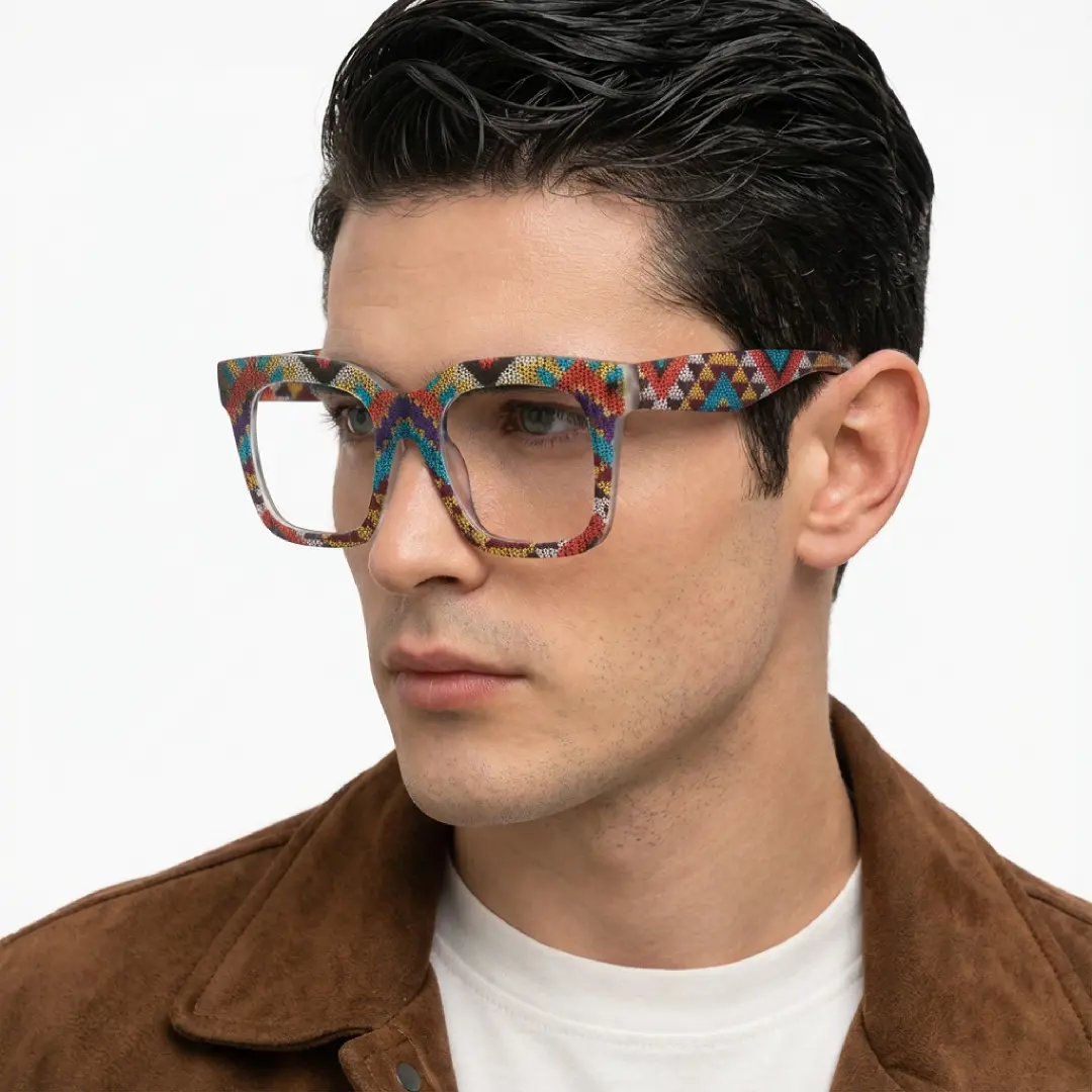 Looking away view of male wearing multicolor square eyeglasses, natural expression, SR0102509