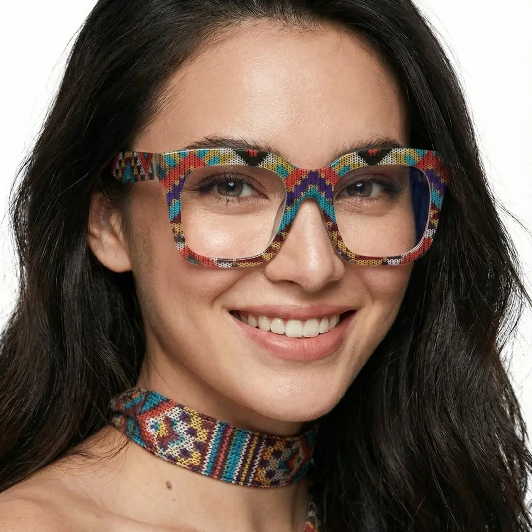 Face close-up view of female wearing multicolor square eyeglasses, smiling, SR0102509