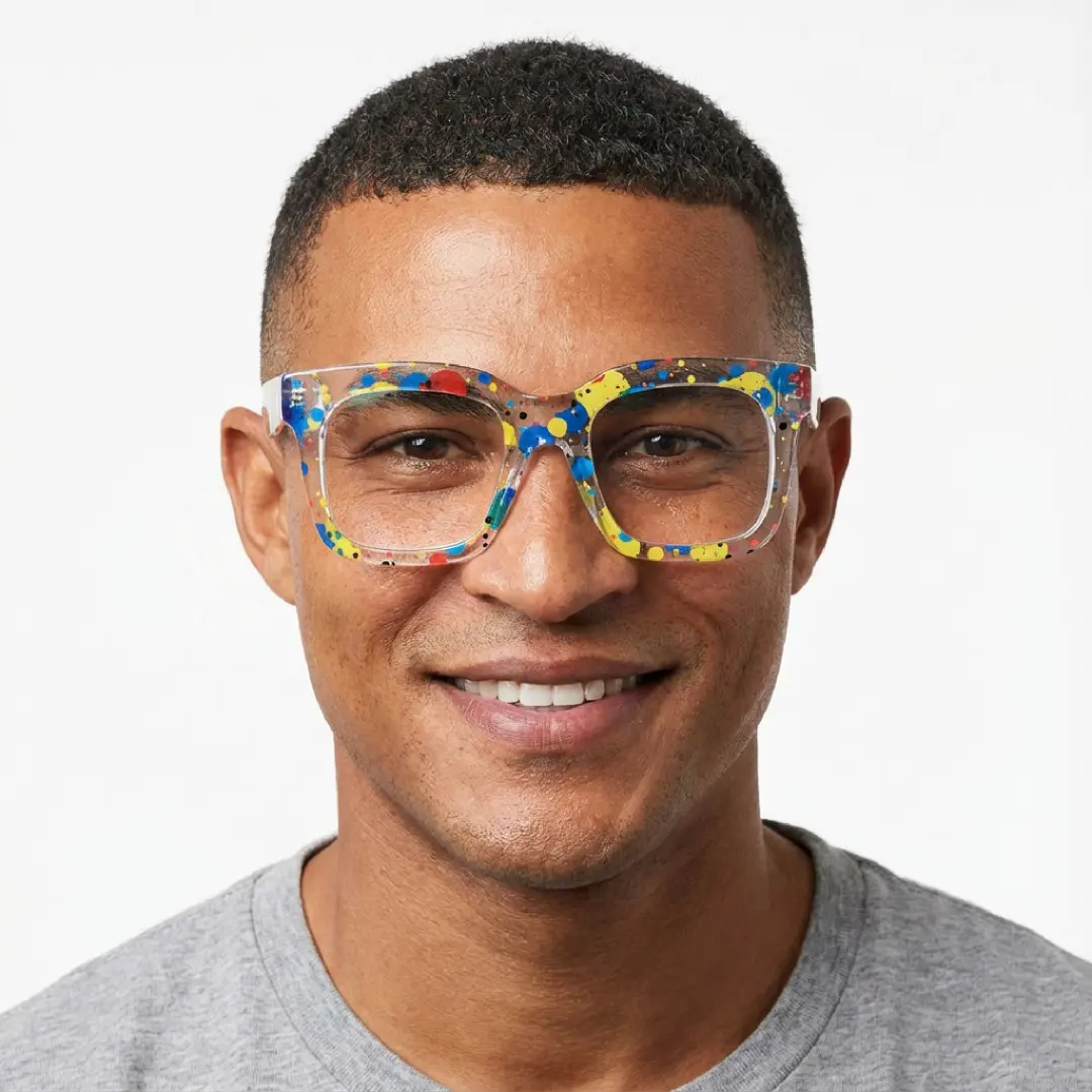 Front view of male wearing multicolor square eyeglasses, natural smile, SR0112509