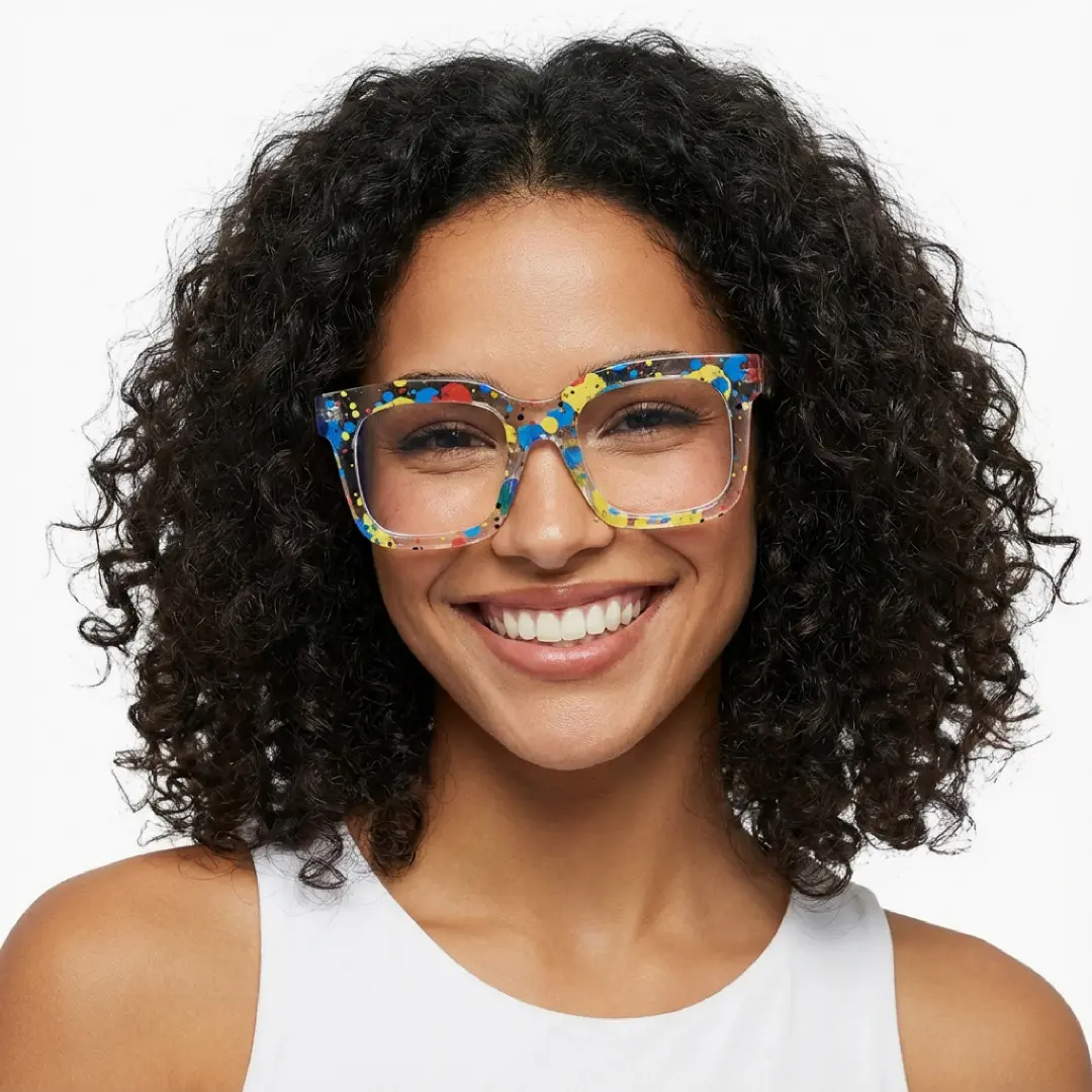 Front view of female wearing multicolor square eyeglasses, big smile, SR0112509