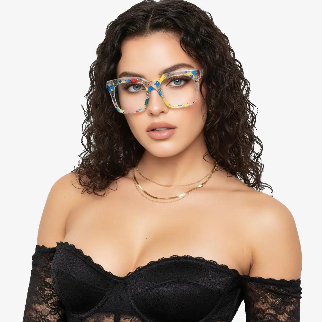 Portrait view of female wearing multicolor square eyeglasses, natural expression, SR0112509