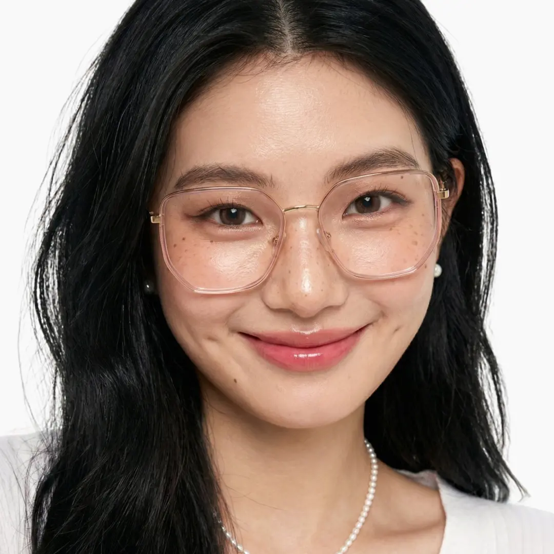 Front view of female wearing pink square eyeglasses, soft smile, SR0132209