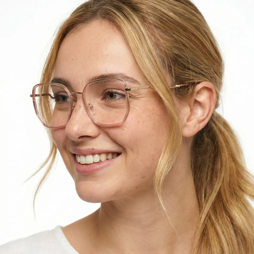 Looking away view of female wearing pink square eyeglasses, natural smile, SR0132209