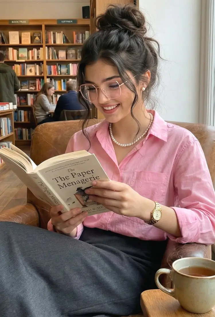 Female model wearing everyday pink square tr90 eyeglasses in a bookstore. SPU: SR0132209