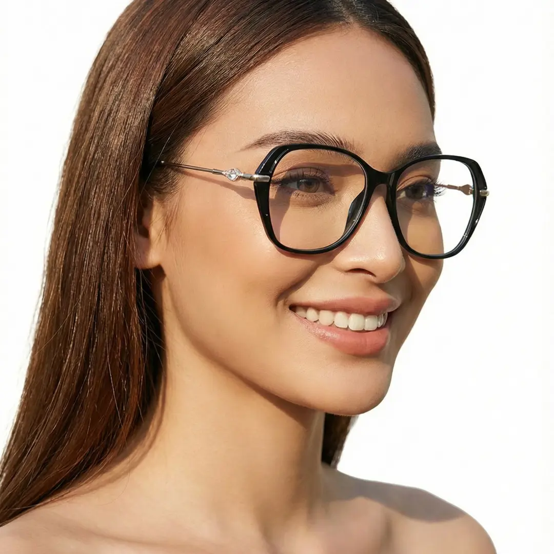 Looking away view of female wearing black square eyeglasses, smiling, SR0132509
