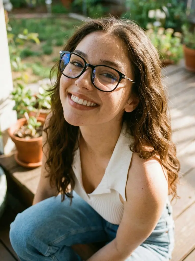 Female model wearing everyday black square tr90 eyeglasses against a minimalist light grey wall background. SPU: SR0162601