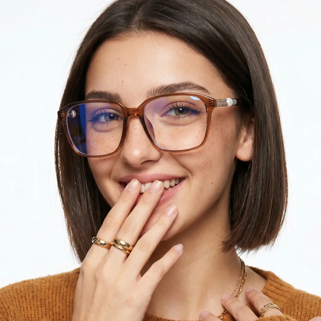 Front view of female wearing brown square eyeglasses, hand touching lips, natural smile, SR0182509