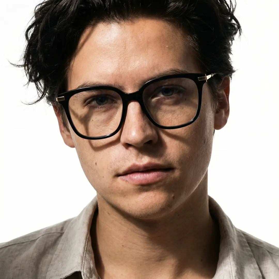 Front view of male wearing black square eyeglasses, calm expression, SR0192502