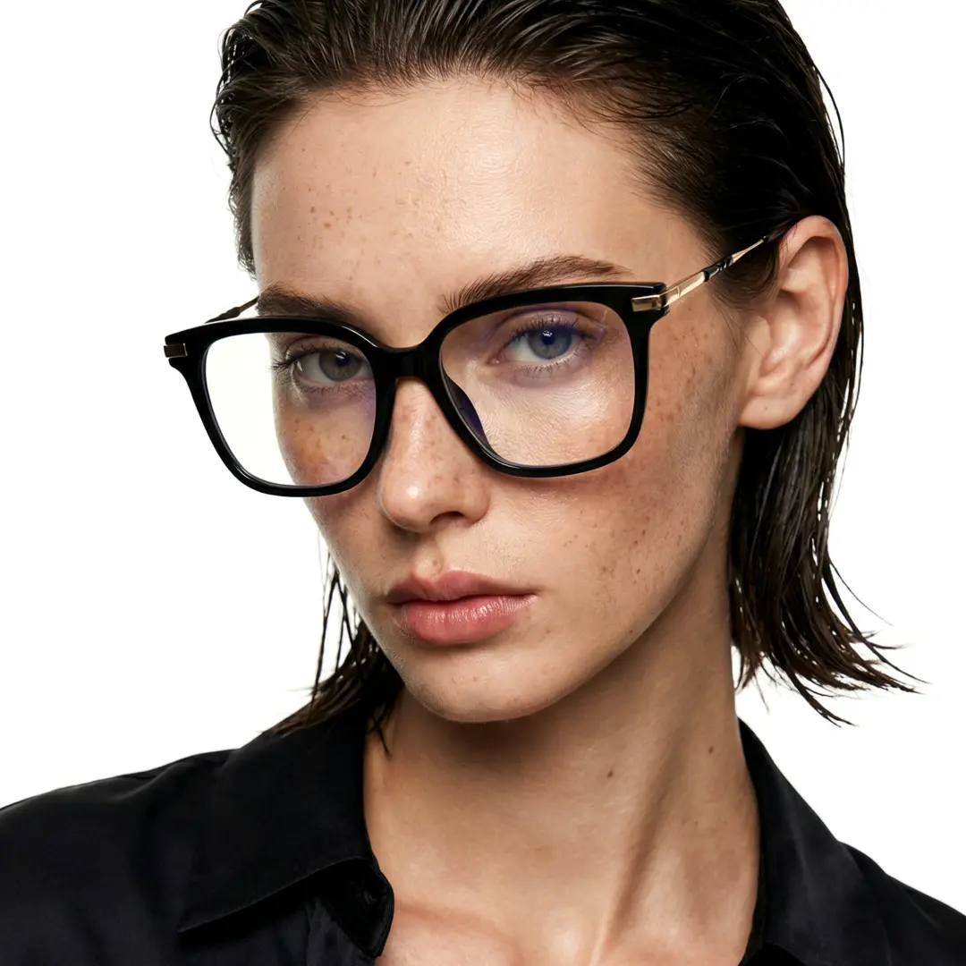 Front view of female wearing black square eyeglasses, calm expression, SR0192502