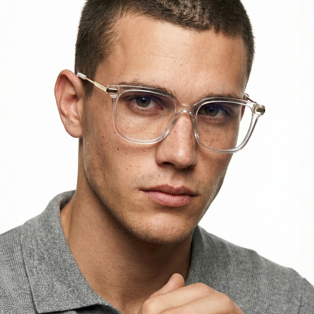 Front view of male wearing clear square eyeglasses, calm expression, SR0192502