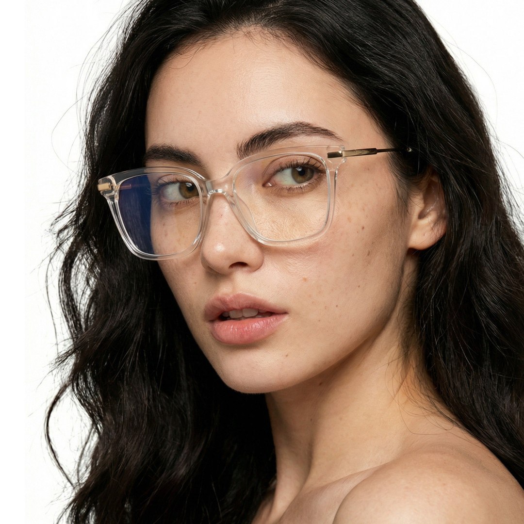 Over-the-shoulder view of female wearing clear square eyeglasses, natural expression, SR0192502