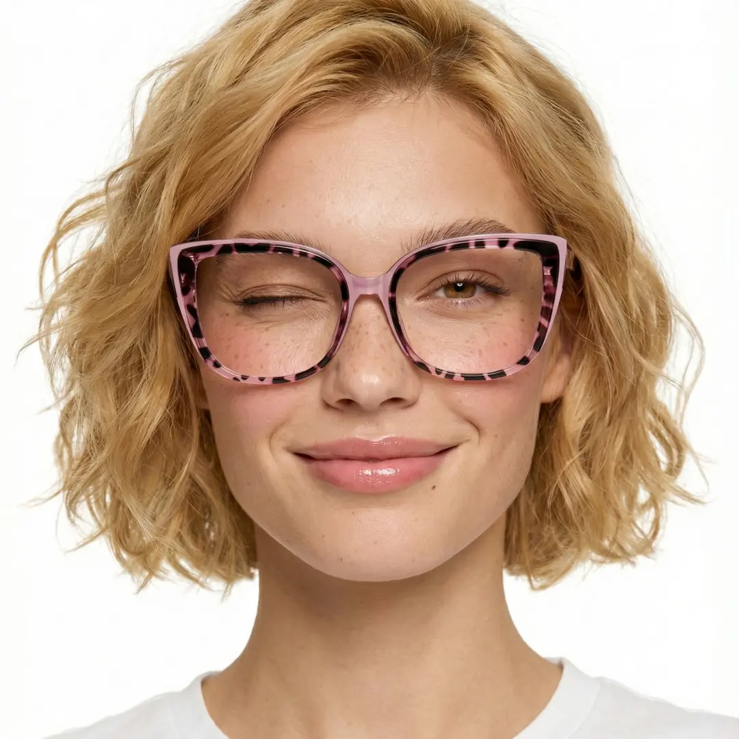 Front view of female wearing red tortoise square eyeglasses, winking, friendly smile, SR0202411