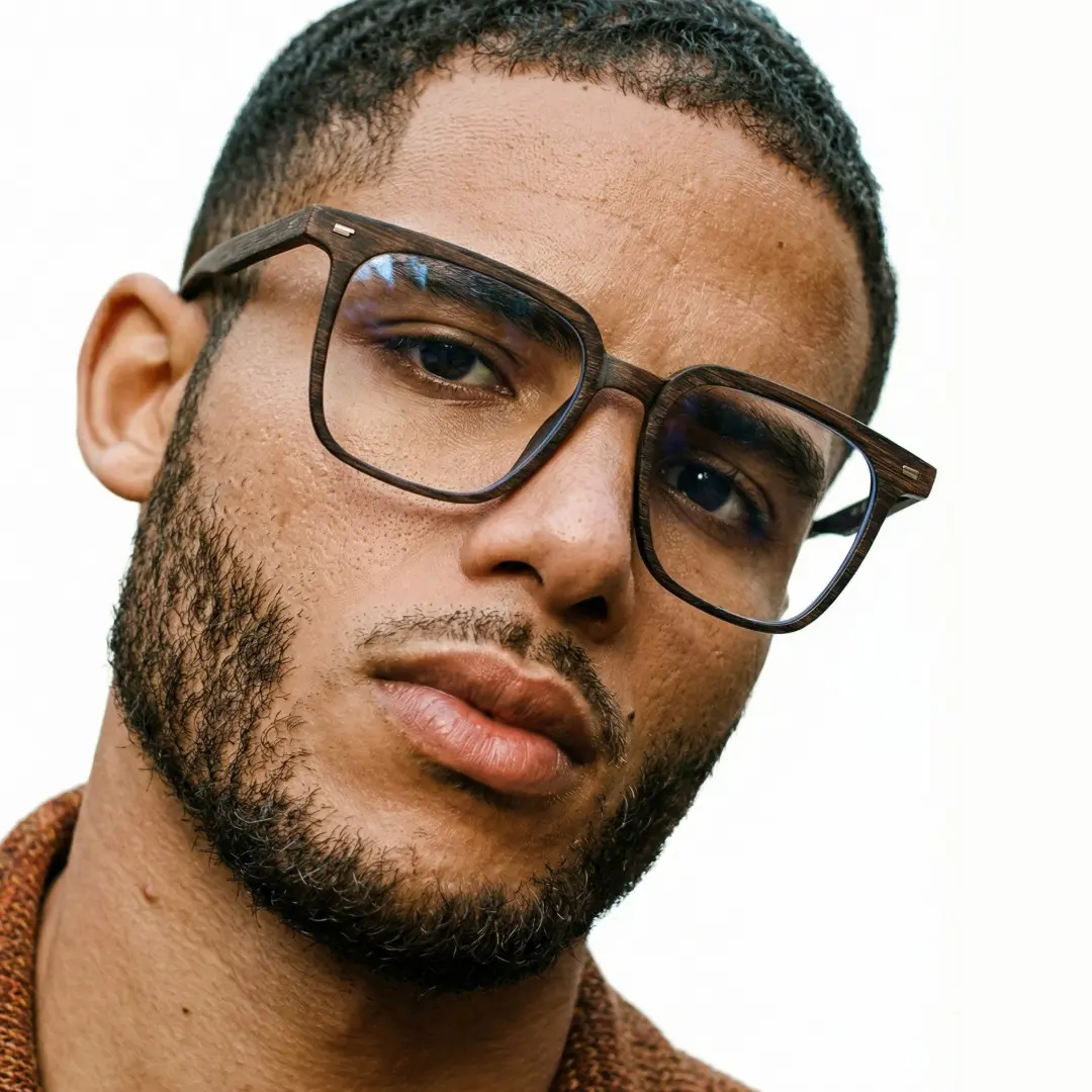 Front view of male wearing brown square eyeglasses, calm expression, SR0212509