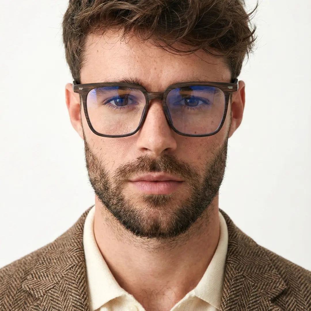 Front view of male wearing brown square eyeglasses, calm expression, SR0212509