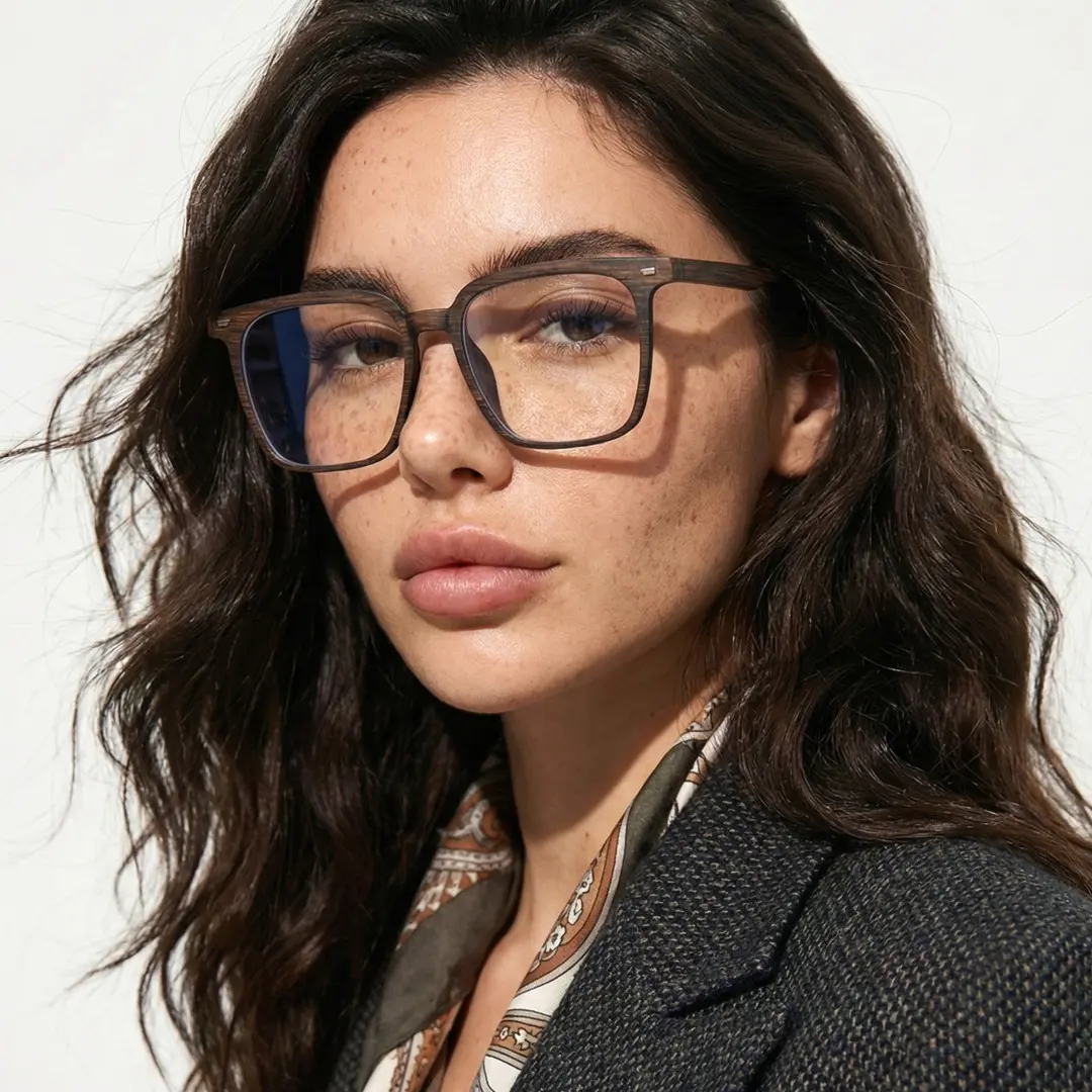 Three-quarter view of female wearing brown square eyeglasses, relaxed expression, SR0212509