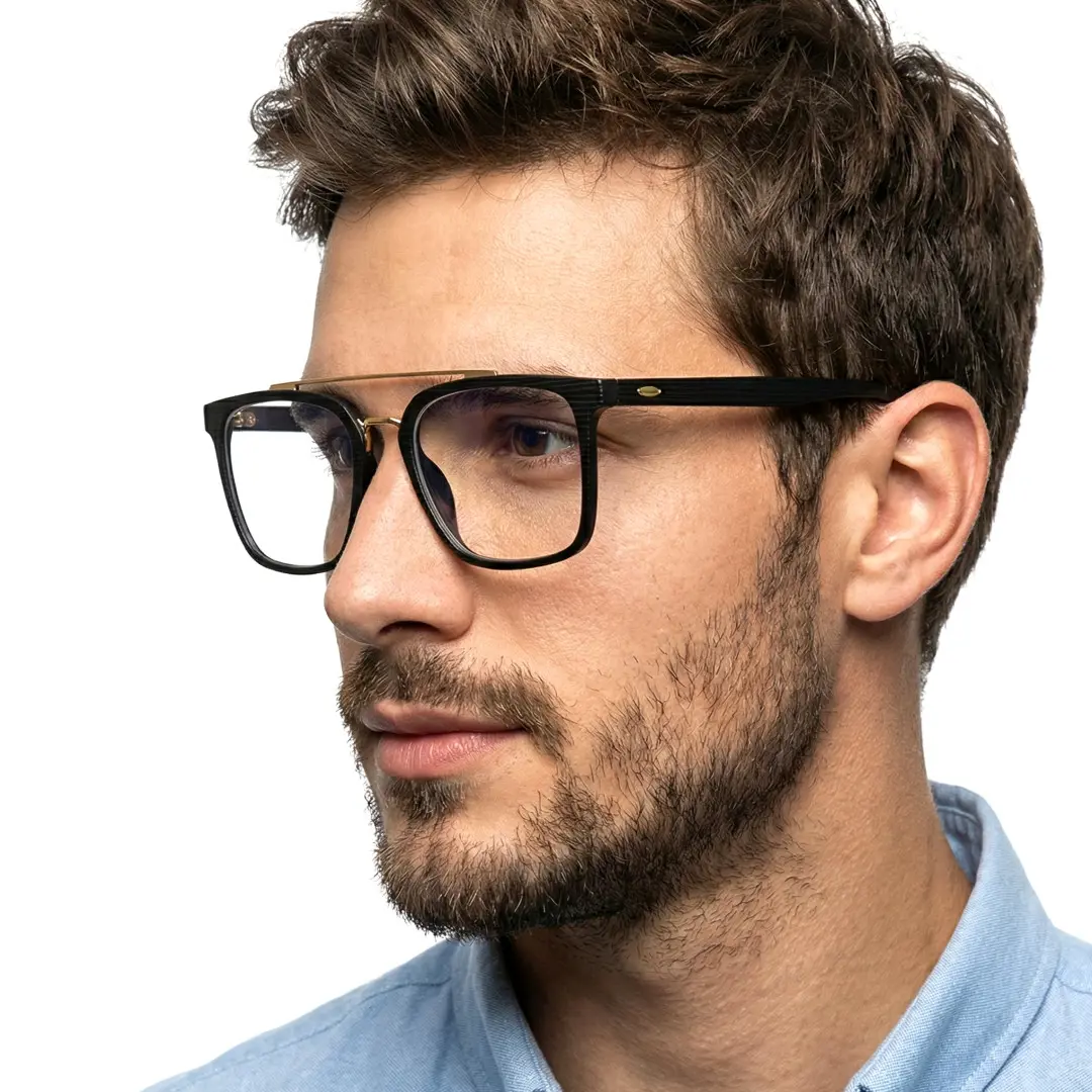 Profile view of male wearing black square eyeglasses, neutral expression, SR0222508