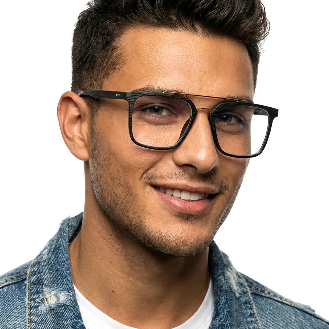 Three-quarter view of male wearing black square eyeglasses, smiling, SR0222508