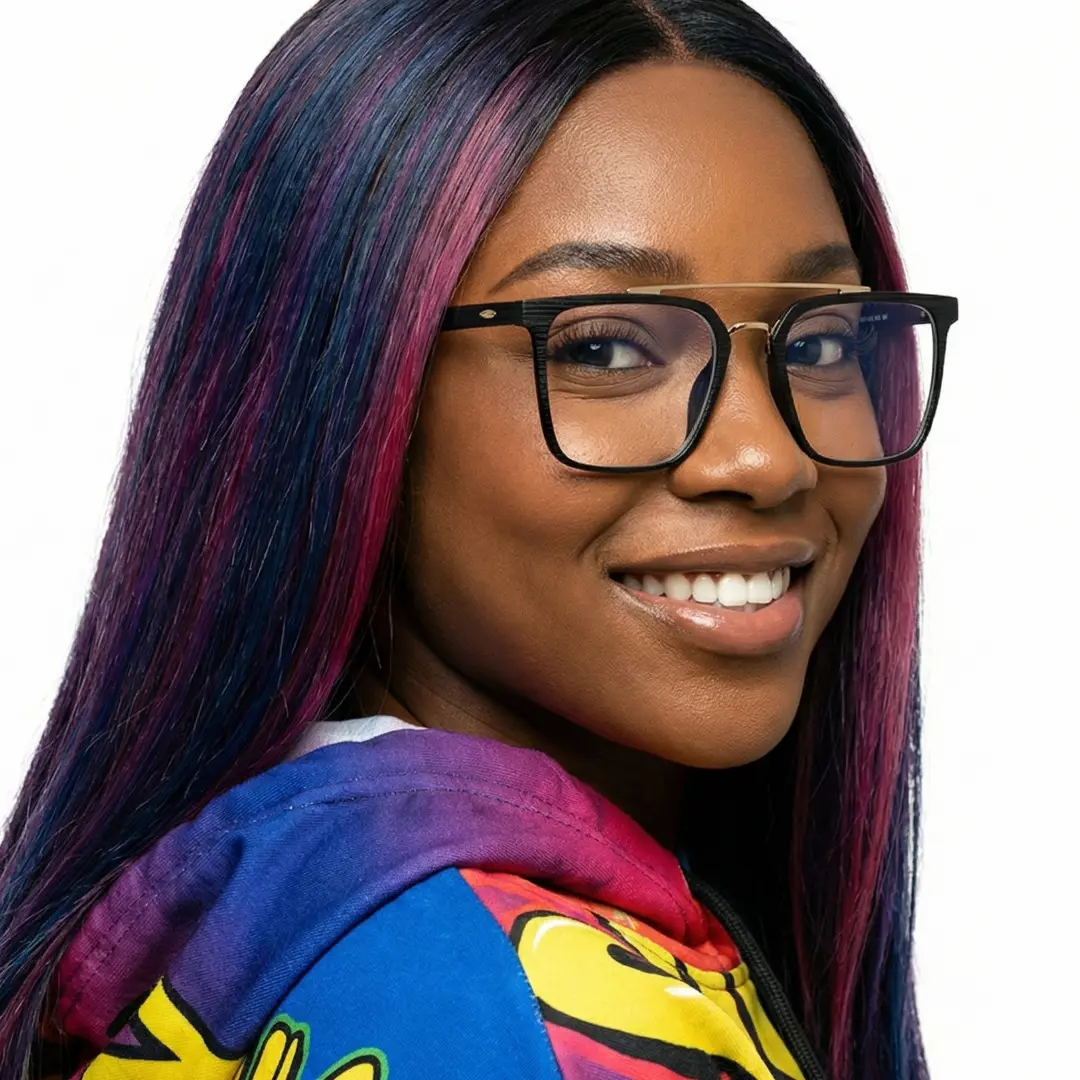 Over-the-shoulder view of female wearing black square eyeglasses, smiling, SR0222508