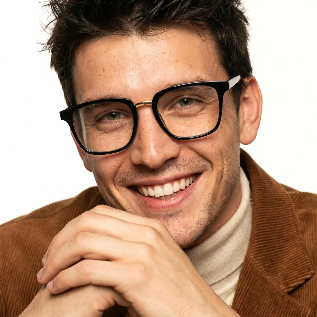 Front view of male wearing black square eyeglasses, smiling, SR0232308
