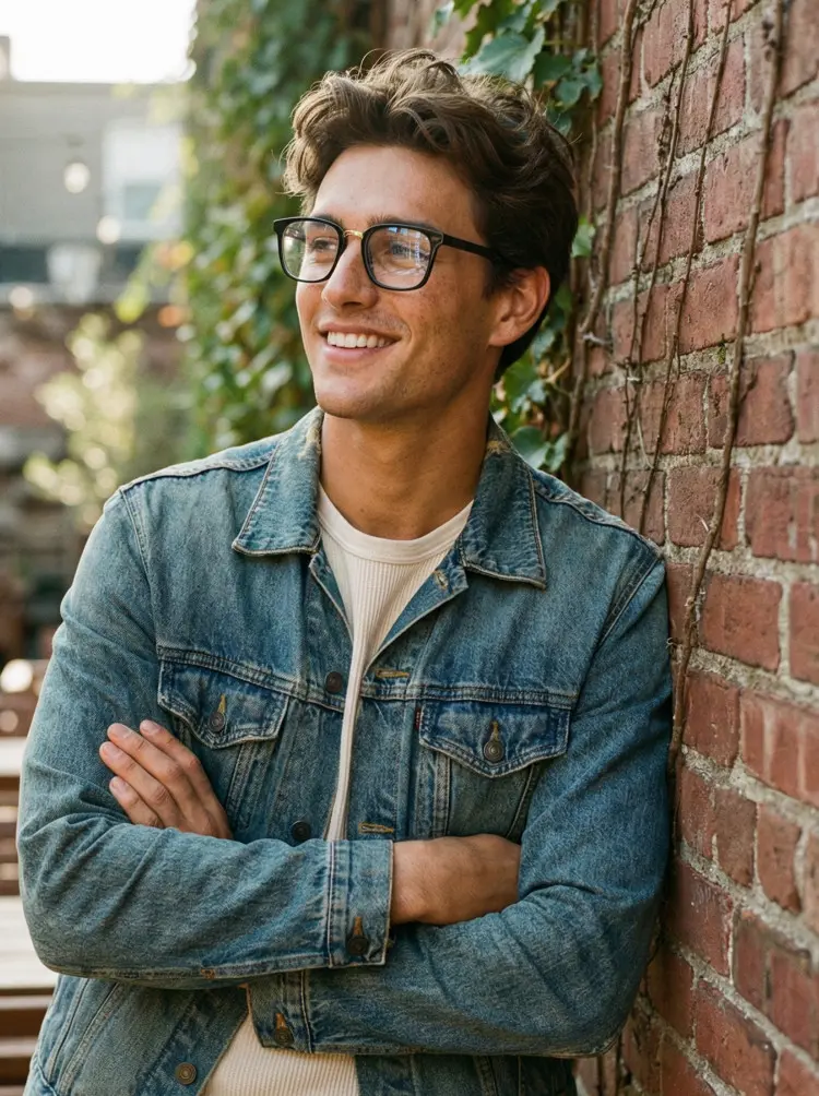 Male model wearing everyday black square tr90 eyeglasses leaning against a brick wall outdoors. SPU: SR0232308