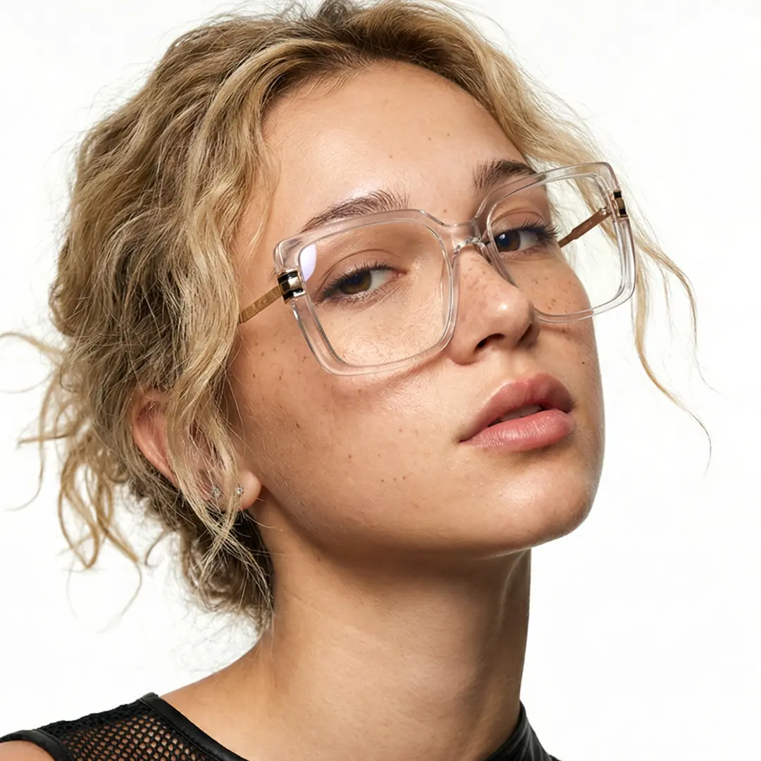 Three-quarter view of female wearing clear square eyeglasses, natural expression, SR0292508