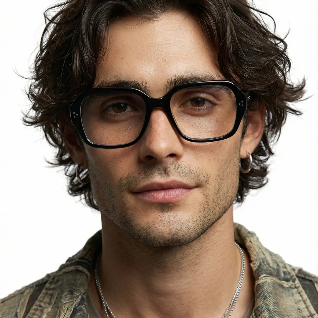 Straight-on view of male wearing black square eyeglasses, neutral expression, SR0292509